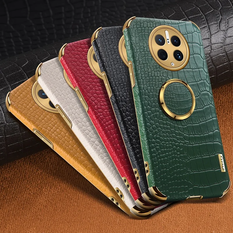 For Huawei Mate 50 Pro 4G Crocodile Texture Ring Kickstand Case 6D Electroplated Leather Coated TPU Phone Cover - White