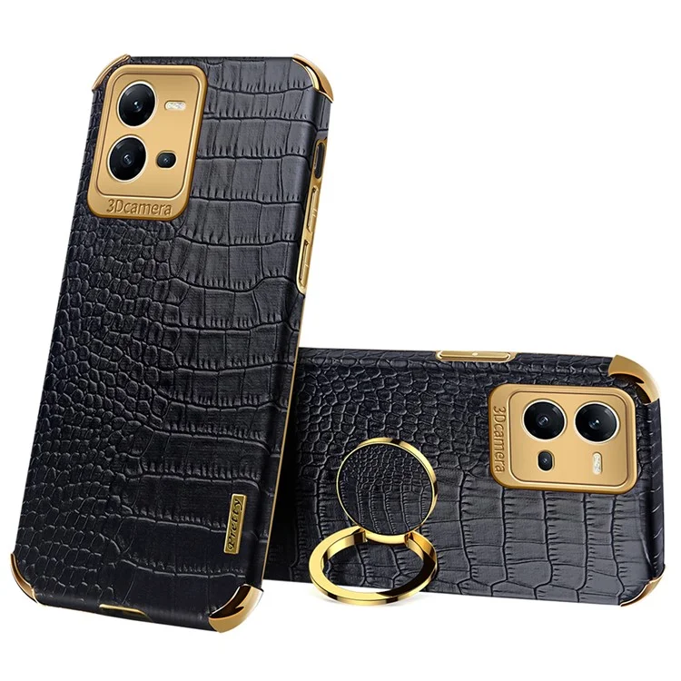 Для vivo V25 5G Crocodile Texture Electroplating Cover Ring Kickstand PU Leather Coated TPU Phone Case - Black