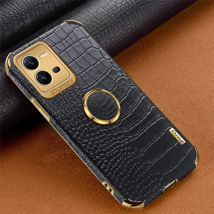 Для vivo V25 5G Crocodile Texture Electroplating Cover Ring Kickstand PU Leather Coated TPU Phone Case - Black