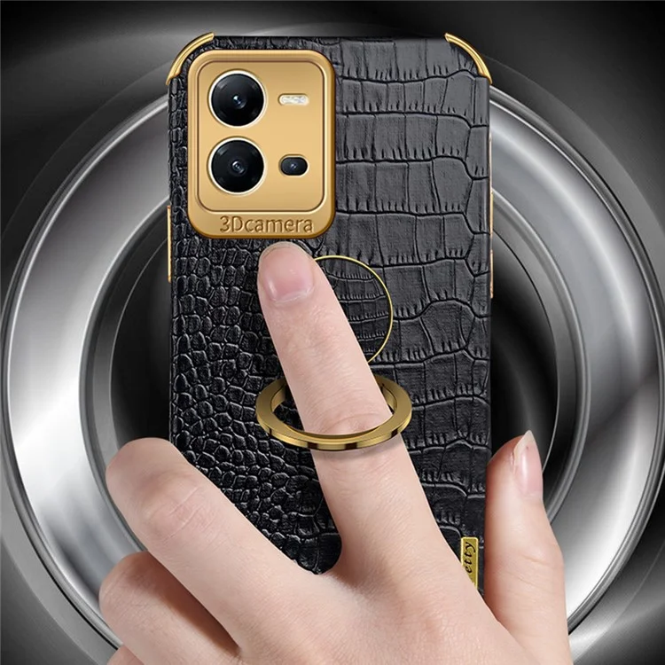 Для vivo V25 5G Crocodile Texture Electroplating Cover Ring Kickstand PU Leather Coated TPU Phone Case - Black
