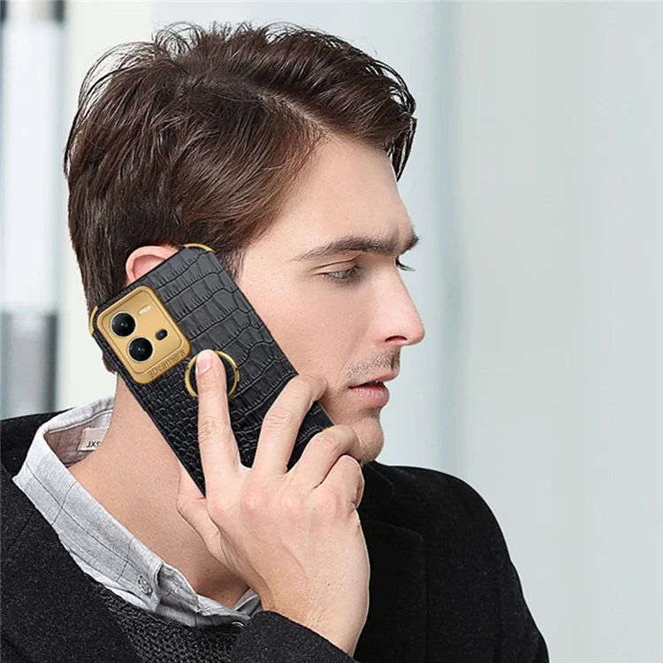 Для vivo V25 5G Crocodile Texture Electroplating Cover Ring Kickstand PU Leather Coated TPU Phone Case - Black
