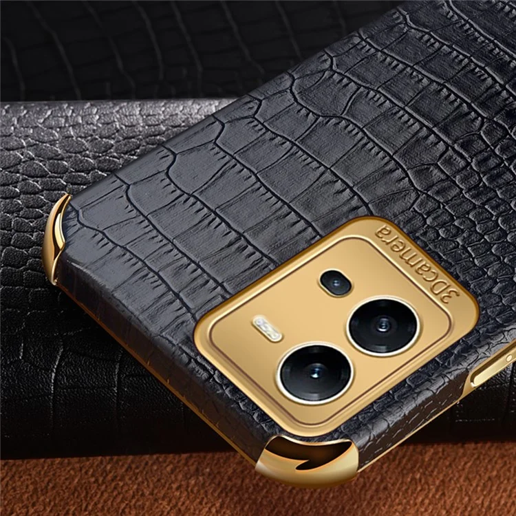 Для vivo V25 5G Crocodile Texture Electroplating Cover Ring Kickstand PU Leather Coated TPU Phone Case - Black