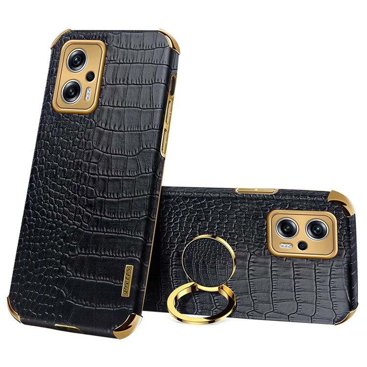 For Xiaomi Redmi Note 11T Pro 5G / Note 11T Pro+ 5G / Poco X4 GT 5G / Redmi K50i 5G Ring Kickstand Electroplating Phone Case PU Leather Coated TPU Cover - Black
