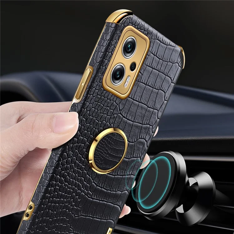 For Xiaomi Redmi Note 11T Pro 5G / Note 11T Pro+ 5G / Poco X4 GT 5G / Redmi K50i 5G Ring Kickstand Electroplating Phone Case PU Leather Coated TPU Cover - Black