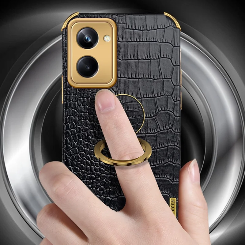 For Realme 10 Pro 5G Ring Kickstand Electroplating Phone Case PU Leather Coated TPU Cover - White