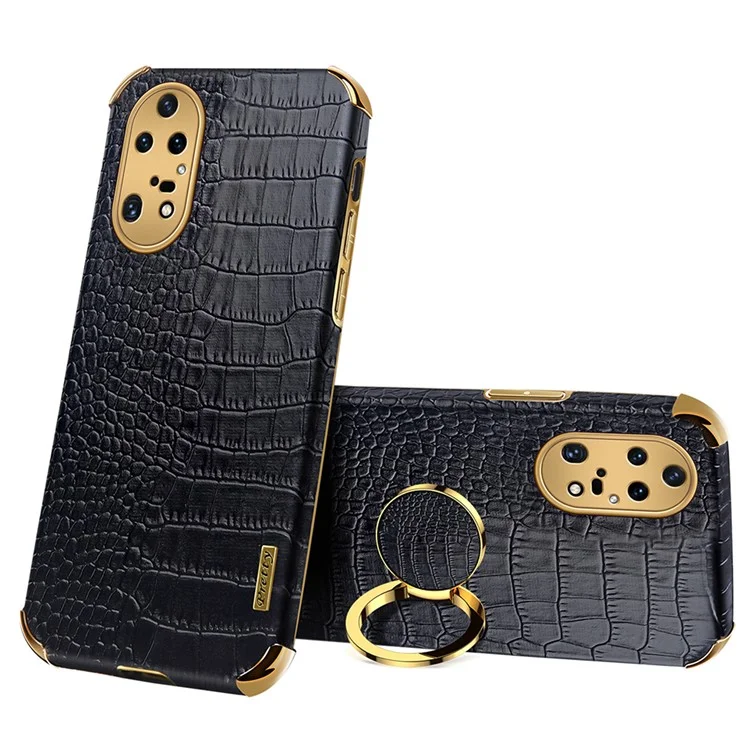 Pour Huawei P50 Pro 4G Crocodile Texture Electroplating Cover PU Leather Coated TPU Phone Case avec Ring Kickstand - Noir