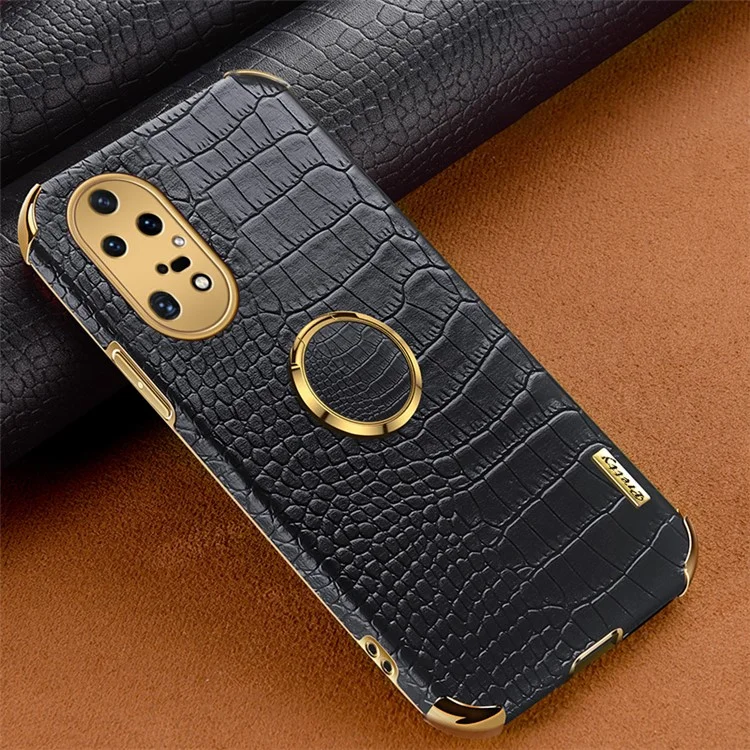Pour Huawei P50 Pro 4G Crocodile Texture Electroplating Cover PU Leather Coated TPU Phone Case avec Ring Kickstand - Noir