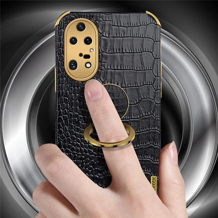 Pour Huawei P50 Pro 4G Crocodile Texture Electroplating Cover PU Leather Coated TPU Phone Case avec Ring Kickstand - Noir