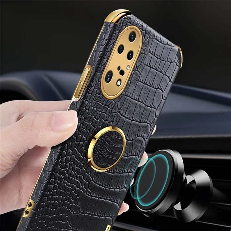 Pour Huawei P50 Pro 4G Crocodile Texture Electroplating Cover PU Leather Coated TPU Phone Case avec Ring Kickstand - Noir