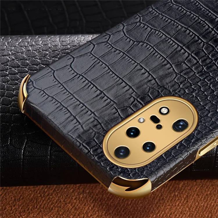 Pour Huawei P50 Pro 4G Crocodile Texture Electroplating Cover PU Leather Coated TPU Phone Case avec Ring Kickstand - Noir