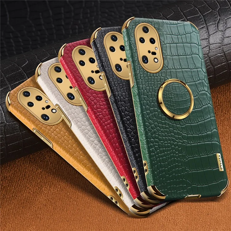 Pour Huawei P50 Pro 4G Crocodile Texture Electroplating Cover PU Leather Coated TPU Phone Case avec Ring Kickstand - Noir