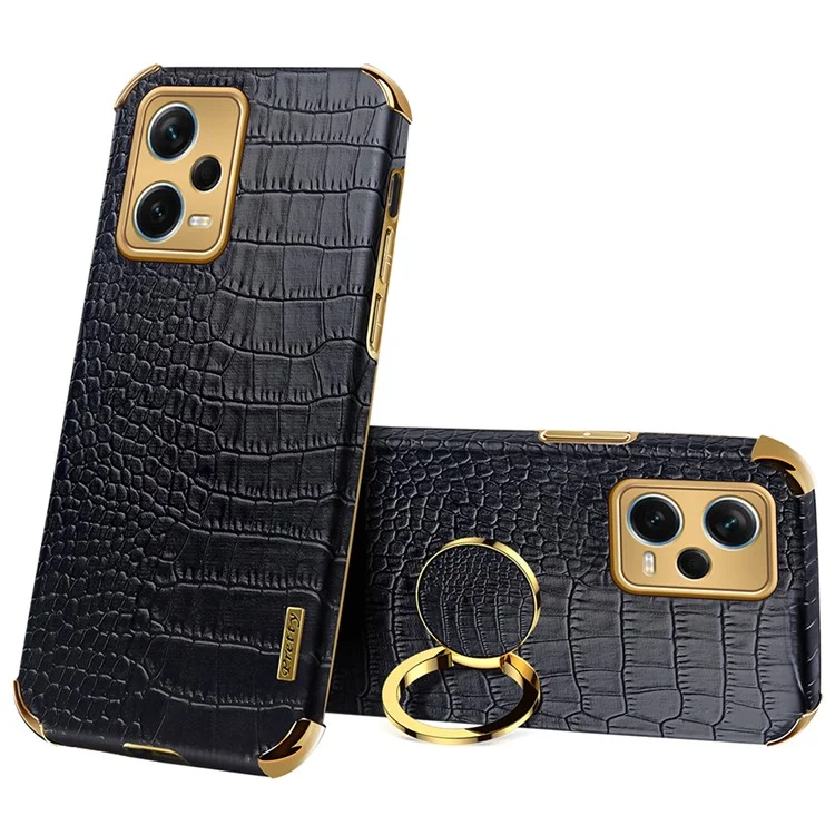 For Xiaomi Redmi Note 12 Pro+ 5G Leather Coated TPU Case Crocodile Texture Electroplated Phone Cover with Ring Kickstand - Black