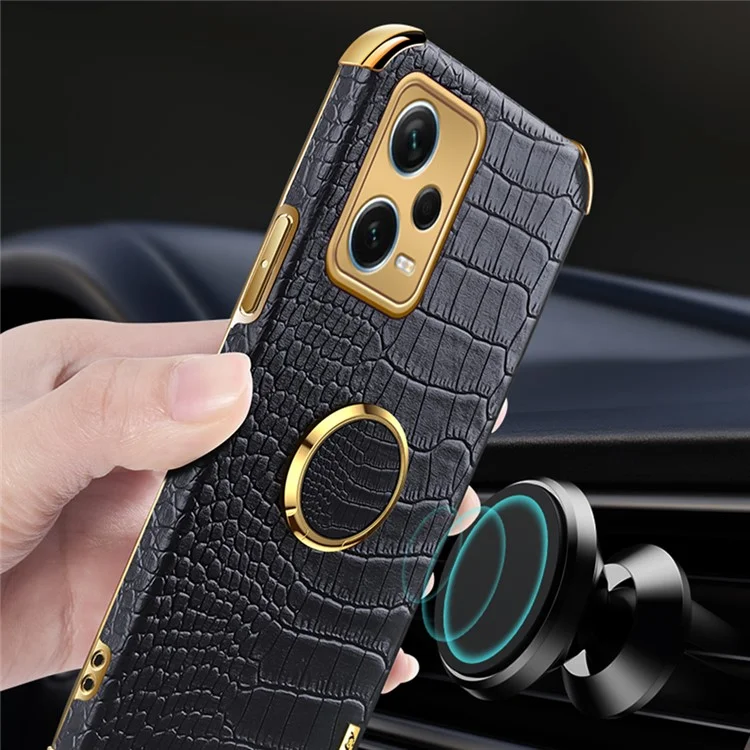 For Xiaomi Redmi Note 12 Pro+ 5G Leather Coated TPU Case Crocodile Texture Electroplated Phone Cover with Ring Kickstand - Black