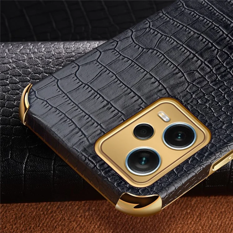 For Xiaomi Redmi Note 12 Pro+ 5G Leather Coated TPU Case Crocodile Texture Electroplated Phone Cover with Ring Kickstand - Black