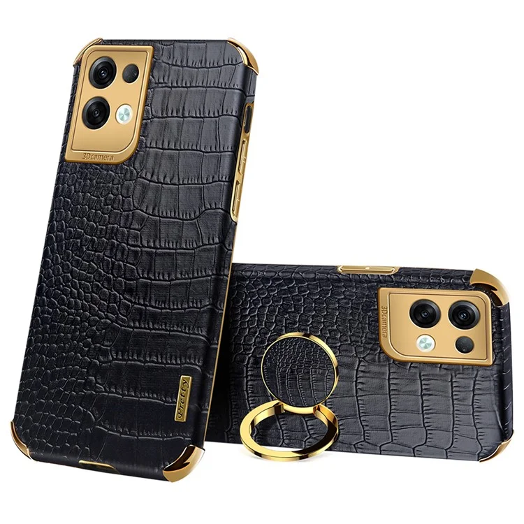 For Oppo Reno8 Pro+ 5G (Global Version) Crocodile Texture Leather Coated TPU Back Cover Ring Kickstand 6D Electroplating Phone Case - Black