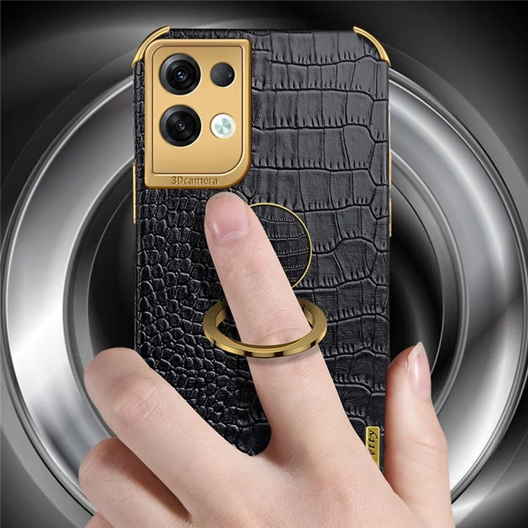 For Oppo Reno8 Pro+ 5G (Global Version) Crocodile Texture Leather Coated TPU Back Cover Ring Kickstand 6D Electroplating Phone Case - Black