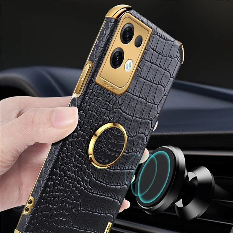 For Oppo Reno8 Pro+ 5G (Global Version) Crocodile Texture Leather Coated TPU Back Cover Ring Kickstand 6D Electroplating Phone Case - Black