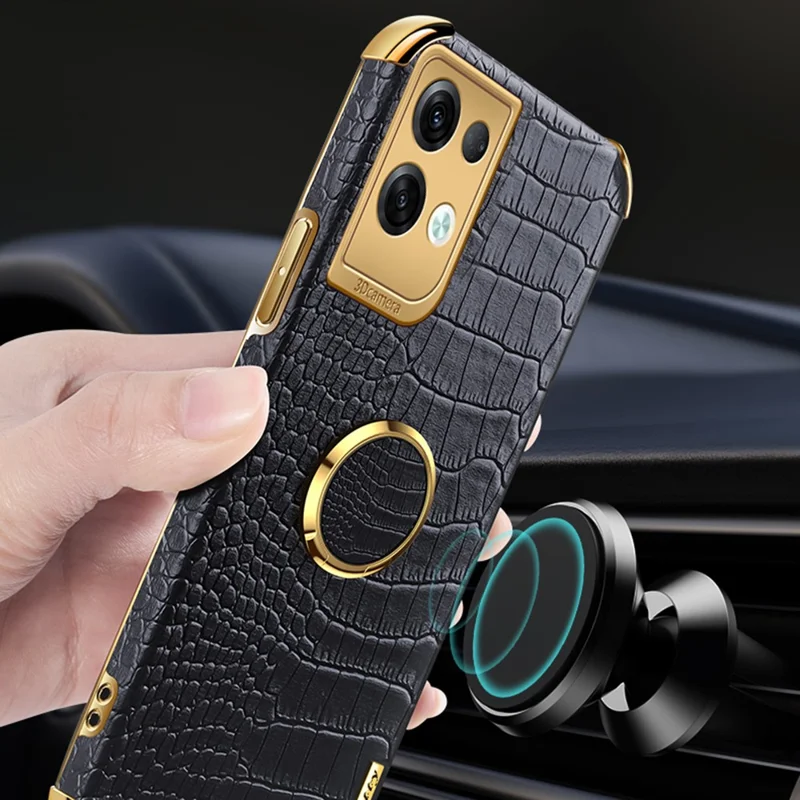 For Oppo Reno8 Pro+ 5G (Global Version) Crocodile Texture Leather Coated TPU Back Cover Ring Kickstand 6D Electroplating Phone Case - Red