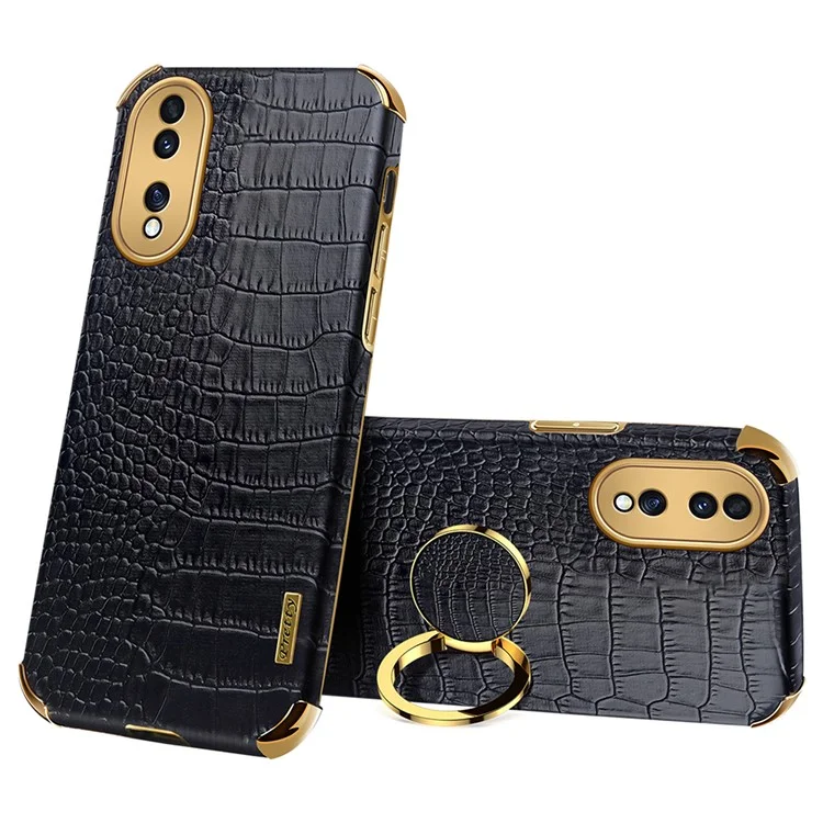 For Honor 70 5G Funda de TPU con revestimiento de piel antideslizante Textura de cocodrilo Cubierta electrolizada 6D con soporte con anillo - Negro