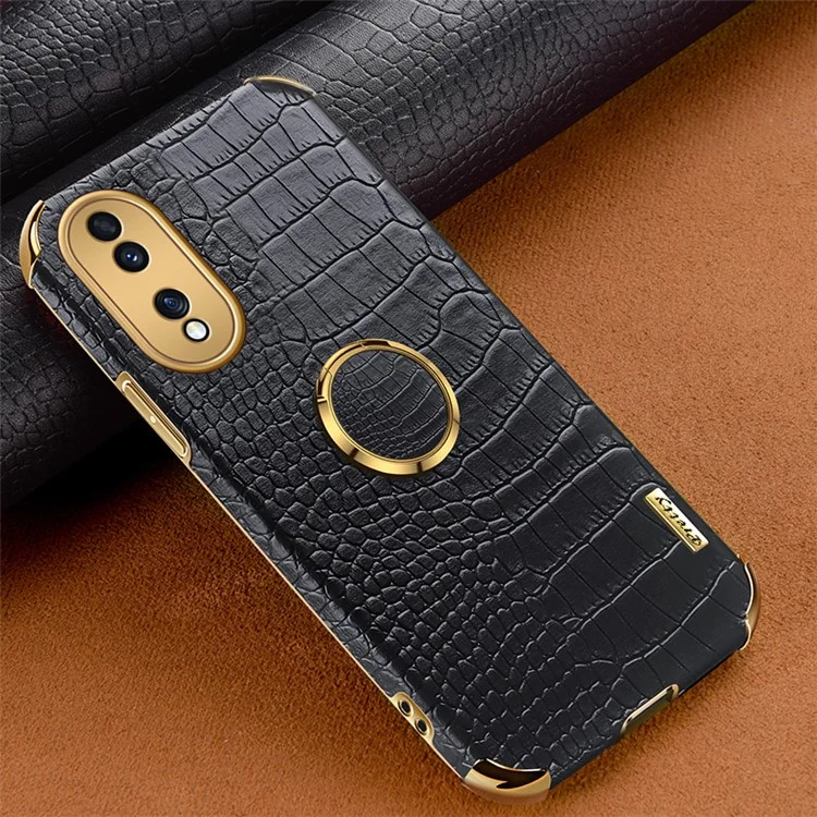 For Honor 70 5G Funda de TPU con revestimiento de piel antideslizante Textura de cocodrilo Cubierta electrolizada 6D con soporte con anillo - Negro