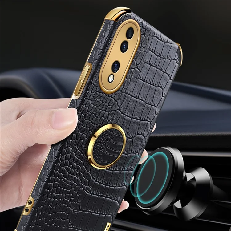 For Honor 70 5G Funda de TPU con revestimiento de piel antideslizante Textura de cocodrilo Cubierta electrolizada 6D con soporte con anillo - Negro