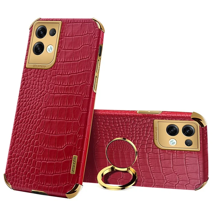 For Oppo Reno8 Pro 5G (Global Version) Crocodile Texture Leather Coated TPU Mobile Case 6D Electroplating Cover with Ring Kickstand - Red