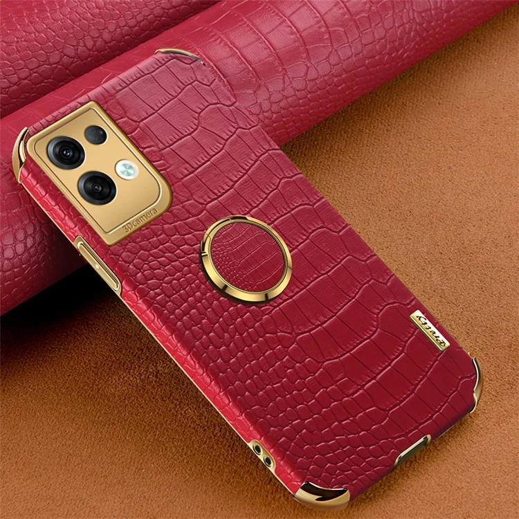 For Oppo Reno8 Pro 5G (Global Version) Crocodile Texture Leather Coated TPU Mobile Case 6D Electroplating Cover with Ring Kickstand - Red