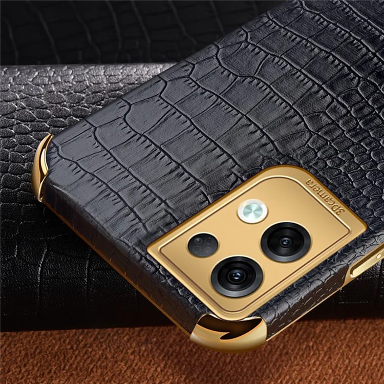 For Oppo Reno8 Pro 5G (Global Version) Crocodile Texture Leather Coated TPU Mobile Case 6D Electroplating Cover with Ring Kickstand - Red