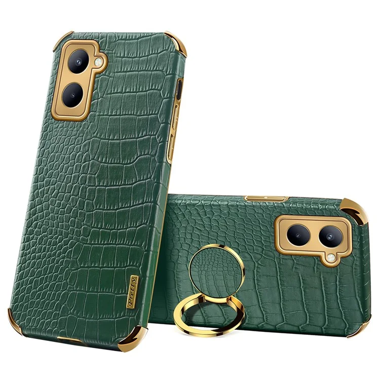 Para Realme C33 4G / C33 2023 4G Crocodile Texture Leather Coated TPU Case Ring Kickstand Electroplated Anti-scratch Cover - Green