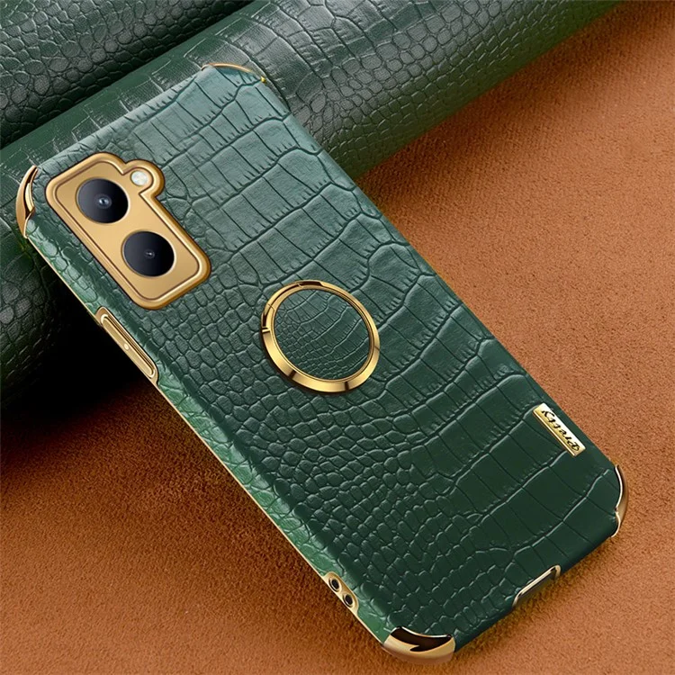 Para Realme C33 4G / C33 2023 4G Crocodile Texture Leather Coated TPU Case Ring Kickstand Electroplated Anti-scratch Cover - Green