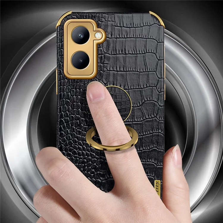Para Realme C33 4G / C33 2023 4G Crocodile Texture Leather Coated TPU Case Ring Kickstand Electroplated Anti-scratch Cover - Green