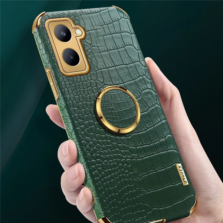 Para Realme C33 4G / C33 2023 4G Crocodile Texture Leather Coated TPU Case Ring Kickstand Electroplated Anti-scratch Cover - Green