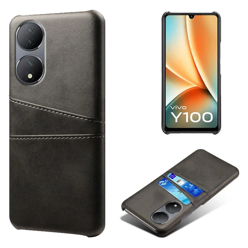 Pour vivo Y100 5G Drop Protection Phone Case Dual Card Slots PU Leather Coated PC Cover - Noir