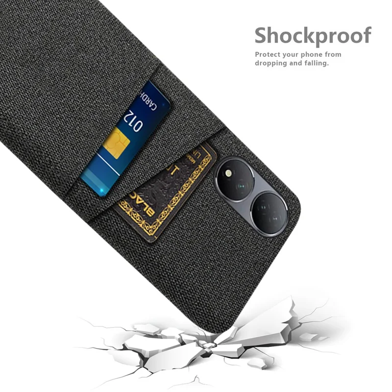 Dual Card Slots Phone Case for vivo Y100 5G , Hard PC + Cloth Cell Phone Cover - Black