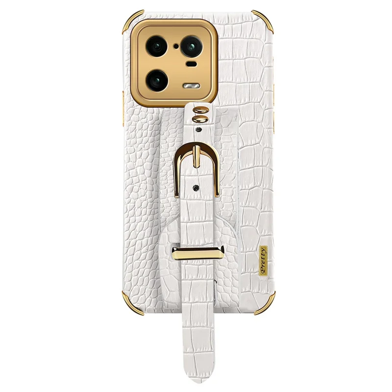 For Xiaomi 13 Pro 5G Wristband Kickstand Phone Case Leather Coated TPU Electroplating Cover - White