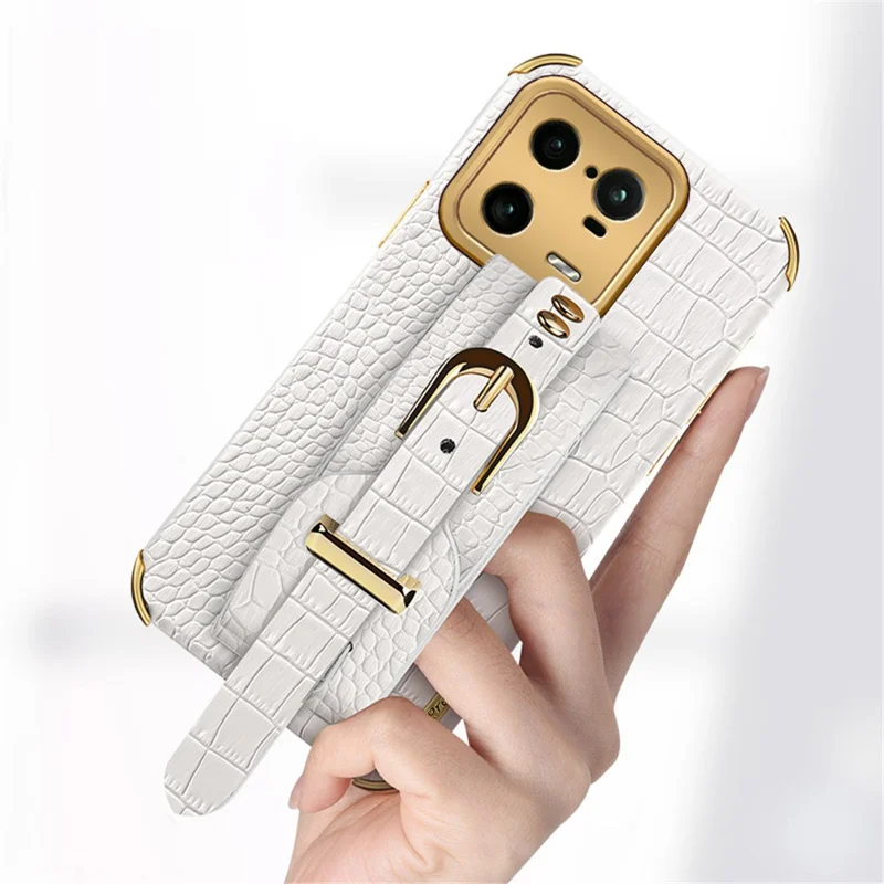 For Xiaomi 13 Pro 5G Wristband Kickstand Phone Case Leather Coated TPU Electroplating Cover - White