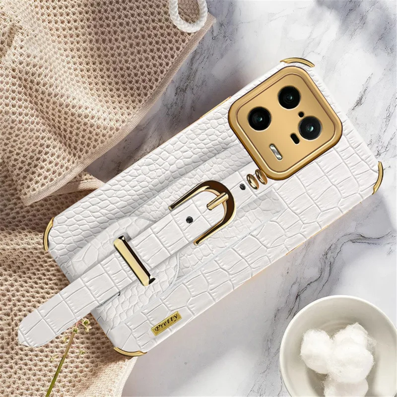 For Xiaomi 13 Pro 5G Wristband Kickstand Phone Case Leather Coated TPU Electroplating Cover - White