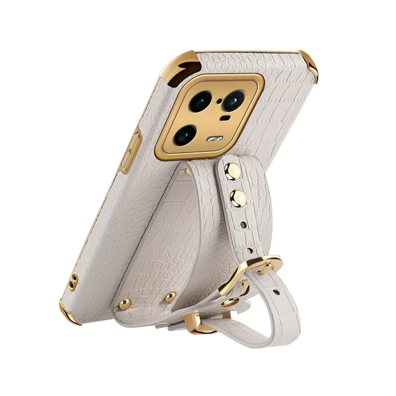 For Xiaomi 13 Pro 5G Wristband Kickstand Phone Case Leather Coated TPU Electroplating Cover - White
