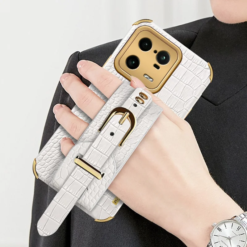 For Xiaomi 13 Pro 5G Wristband Kickstand Phone Case Leather Coated TPU Electroplating Cover - White