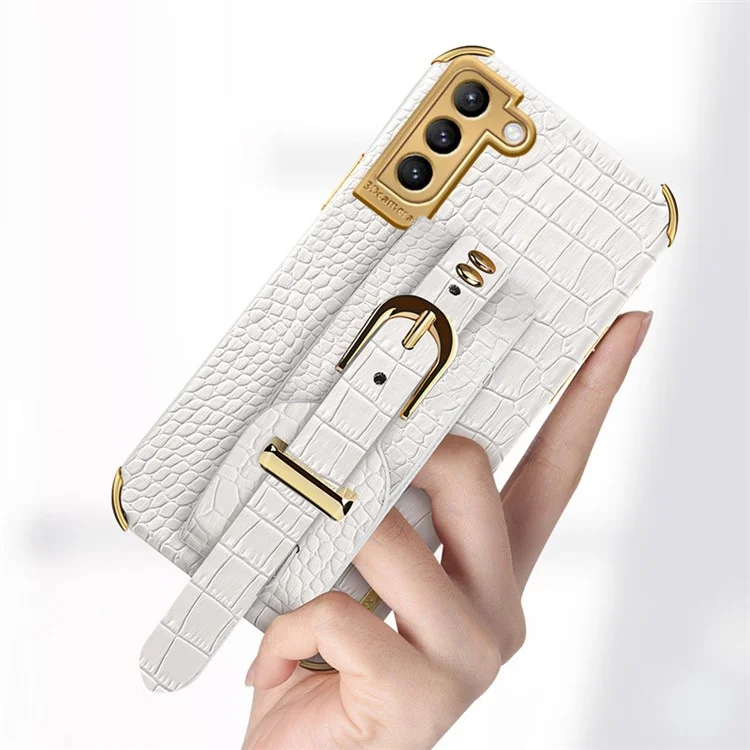 Для Samsung Galaxy S21+ 5G Anti-drop Crocodile Texture Phone Cover 6D Electroplated Leather Coated TPU Case with Hand Strap - White