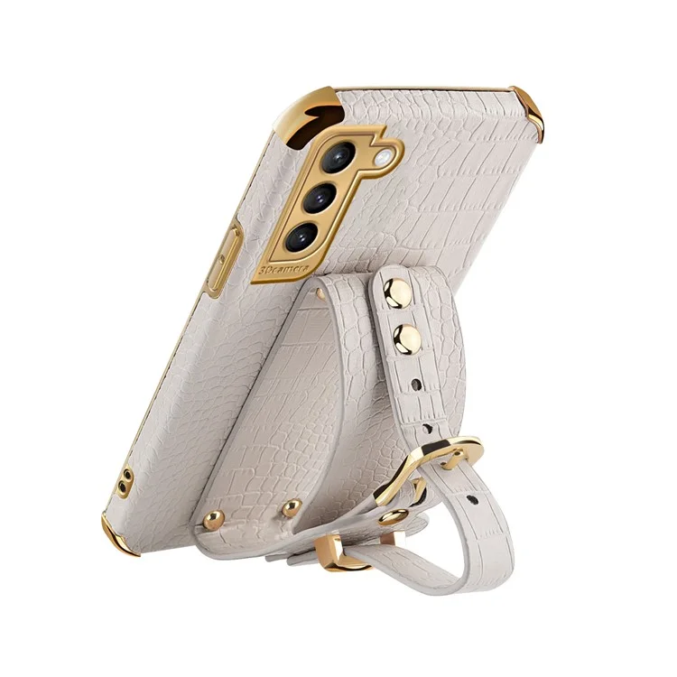 Для Samsung Galaxy S21+ 5G Anti-drop Crocodile Texture Phone Cover 6D Electroplated Leather Coated TPU Case with Hand Strap - White