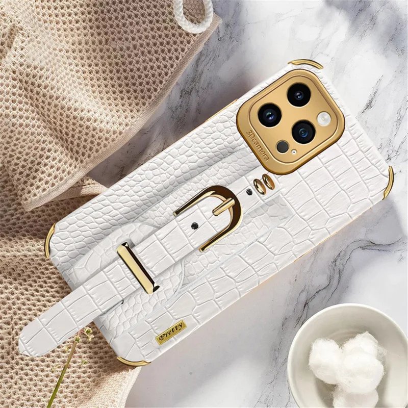 For iPhone 13 Pro Max 6.7 inch Electroplating Crocodile Texture Phone Case PU Leather Coated TPU Cover with Hand Strap Kickstand - White