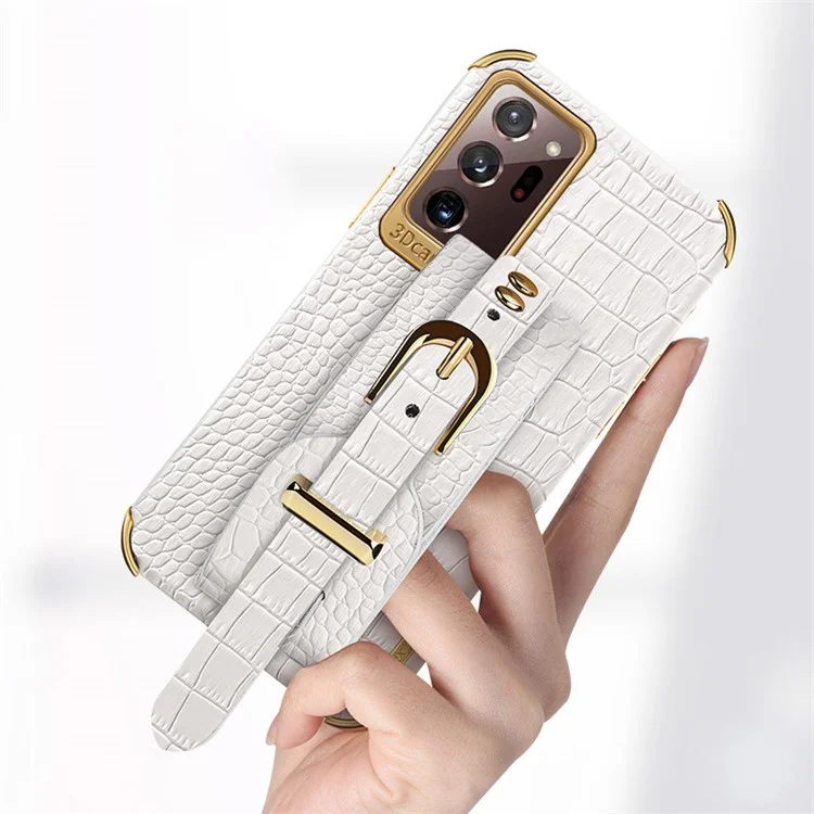 Pour Samsung Galaxy Note20 Ultra / Note20 Ultra 5G Crocodile Texture Anti-scratch Phone Case Hand Strap Kickstand PU Leather Coated TPU Cover - Blanc