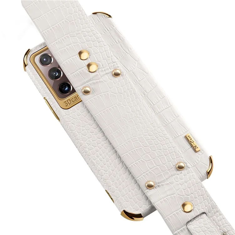 Pour Samsung Galaxy Note20 Ultra / Note20 Ultra 5G Crocodile Texture Anti-scratch Phone Case Hand Strap Kickstand PU Leather Coated TPU Cover - Blanc