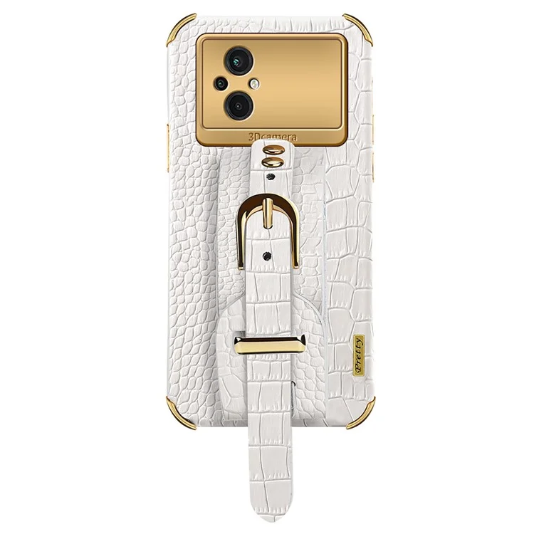 Funda de Teléfono con Textura de Cocodrilo para Xiaomi Poco M5 5G, Cubierta de TPU Recubierta de Piel de PU con Correa de Mano y Soporte - Blanco