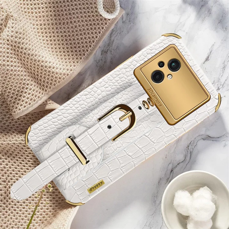 Funda de Teléfono con Textura de Cocodrilo para Xiaomi Poco M5 5G, Cubierta de TPU Recubierta de Piel de PU con Correa de Mano y Soporte - Blanco