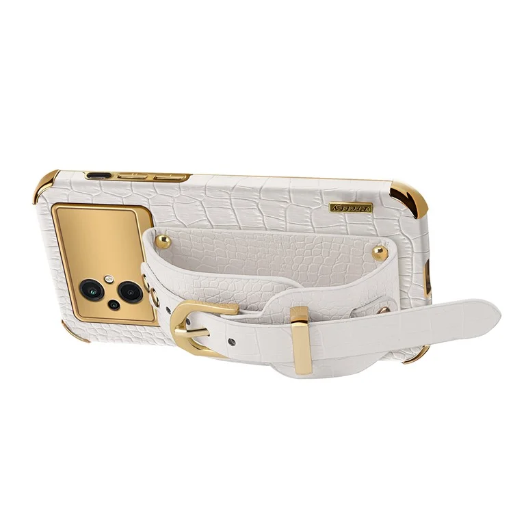 Funda de Teléfono con Textura de Cocodrilo para Xiaomi Poco M5 5G, Cubierta de TPU Recubierta de Piel de PU con Correa de Mano y Soporte - Blanco