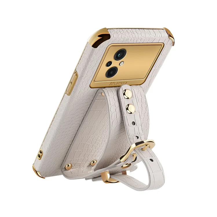 Funda de Teléfono con Textura de Cocodrilo para Xiaomi Poco M5 5G, Cubierta de TPU Recubierta de Piel de PU con Correa de Mano y Soporte - Blanco