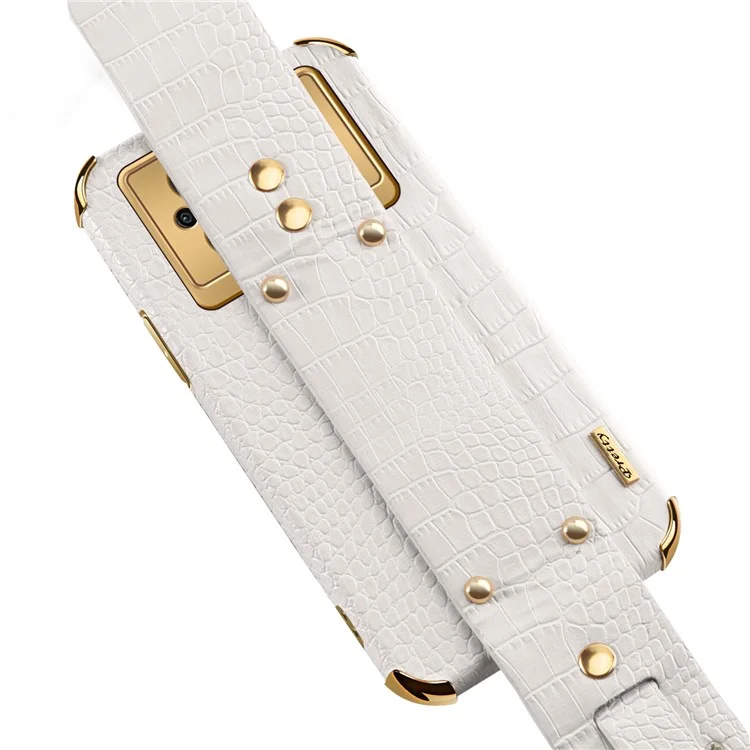 Funda de Teléfono con Textura de Cocodrilo para Xiaomi Poco M5 5G, Cubierta de TPU Recubierta de Piel de PU con Correa de Mano y Soporte - Blanco