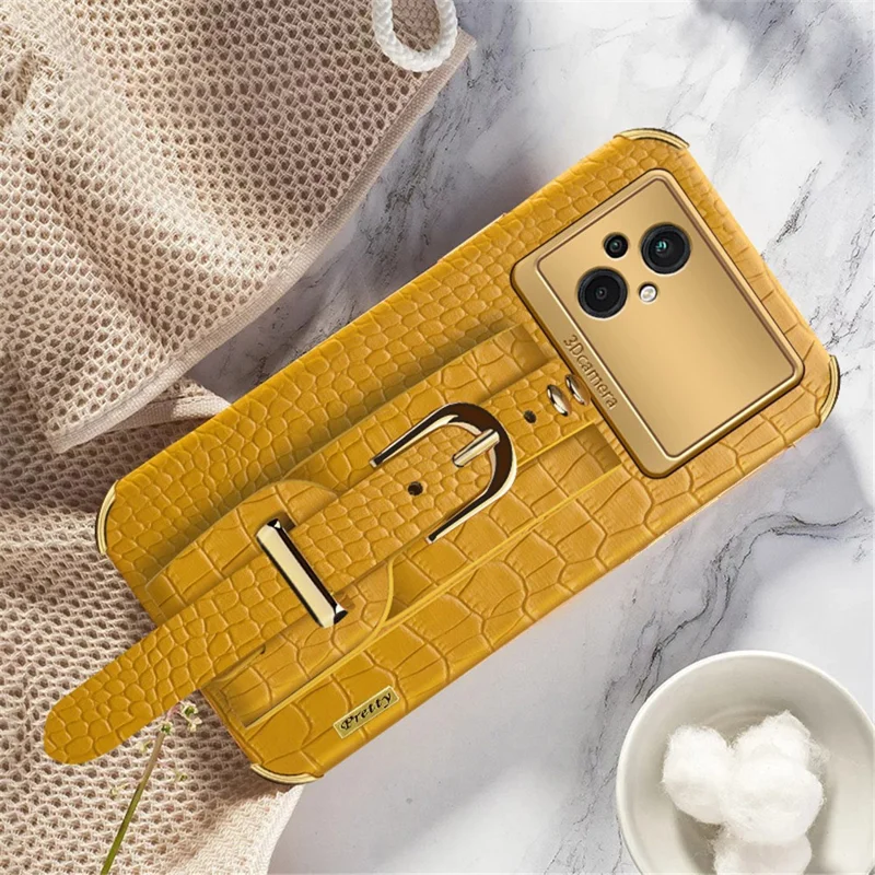 Crocodile Texture Phone Case for Xiaomi Poco M5 5G , PU Leather Coated TPU Cover with Hand Strap Kickstand - Yellow